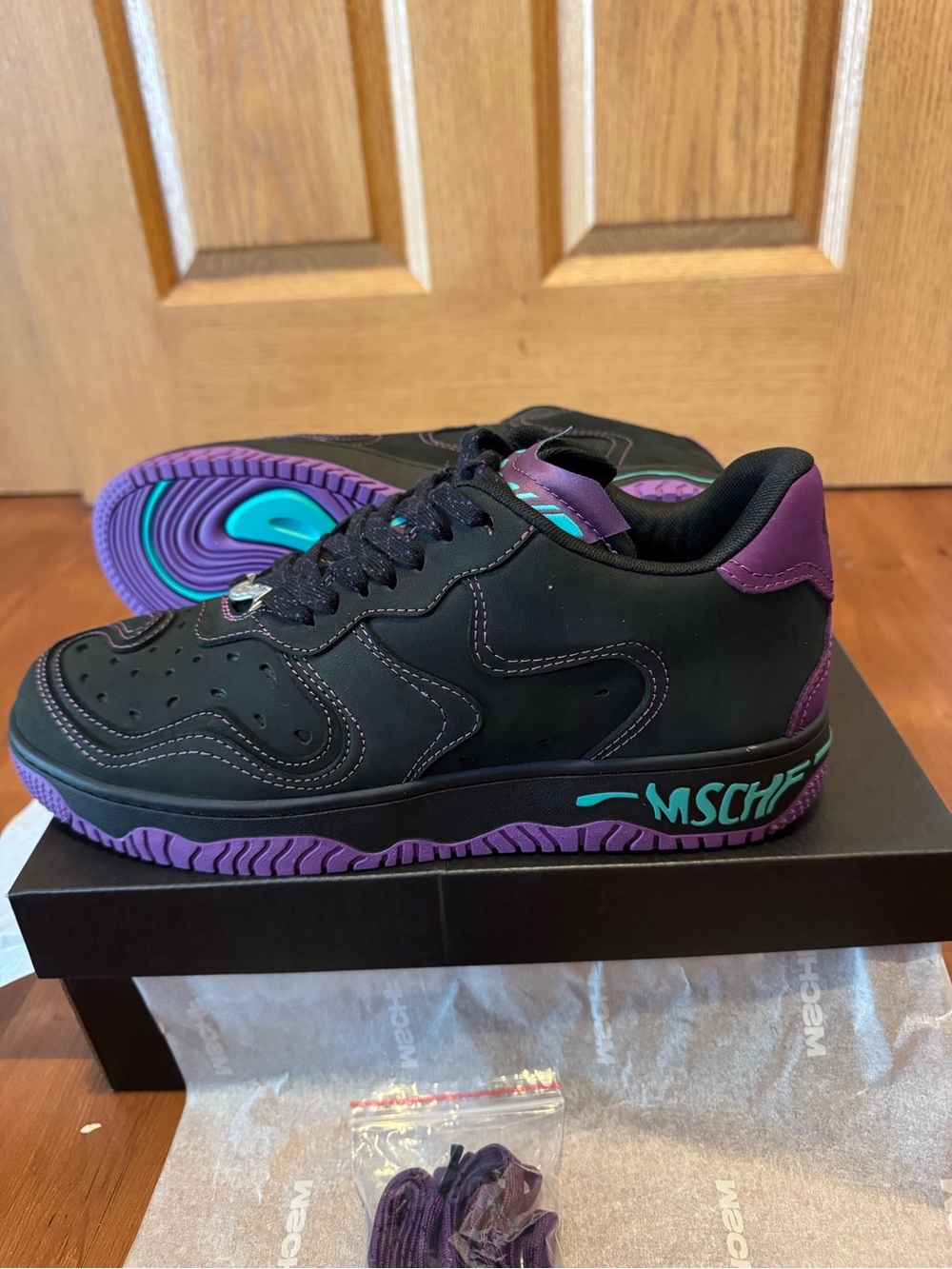 Men's NWT MSCF Black and Purple Low-Top Sneakers with Teal Accents